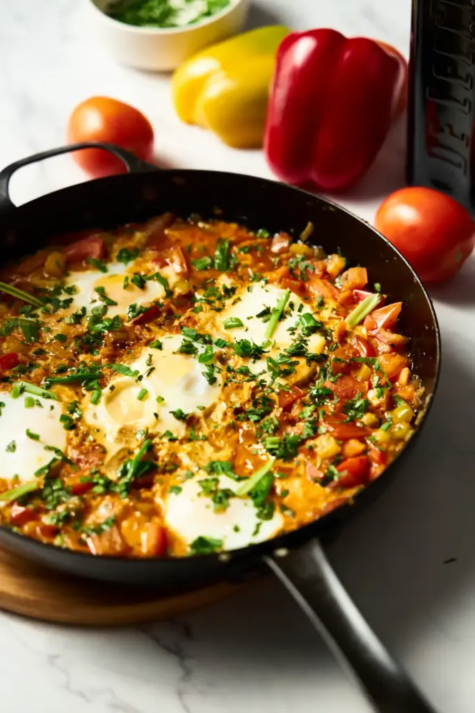 Œufs pochés dans une sauce tomate en poêle
